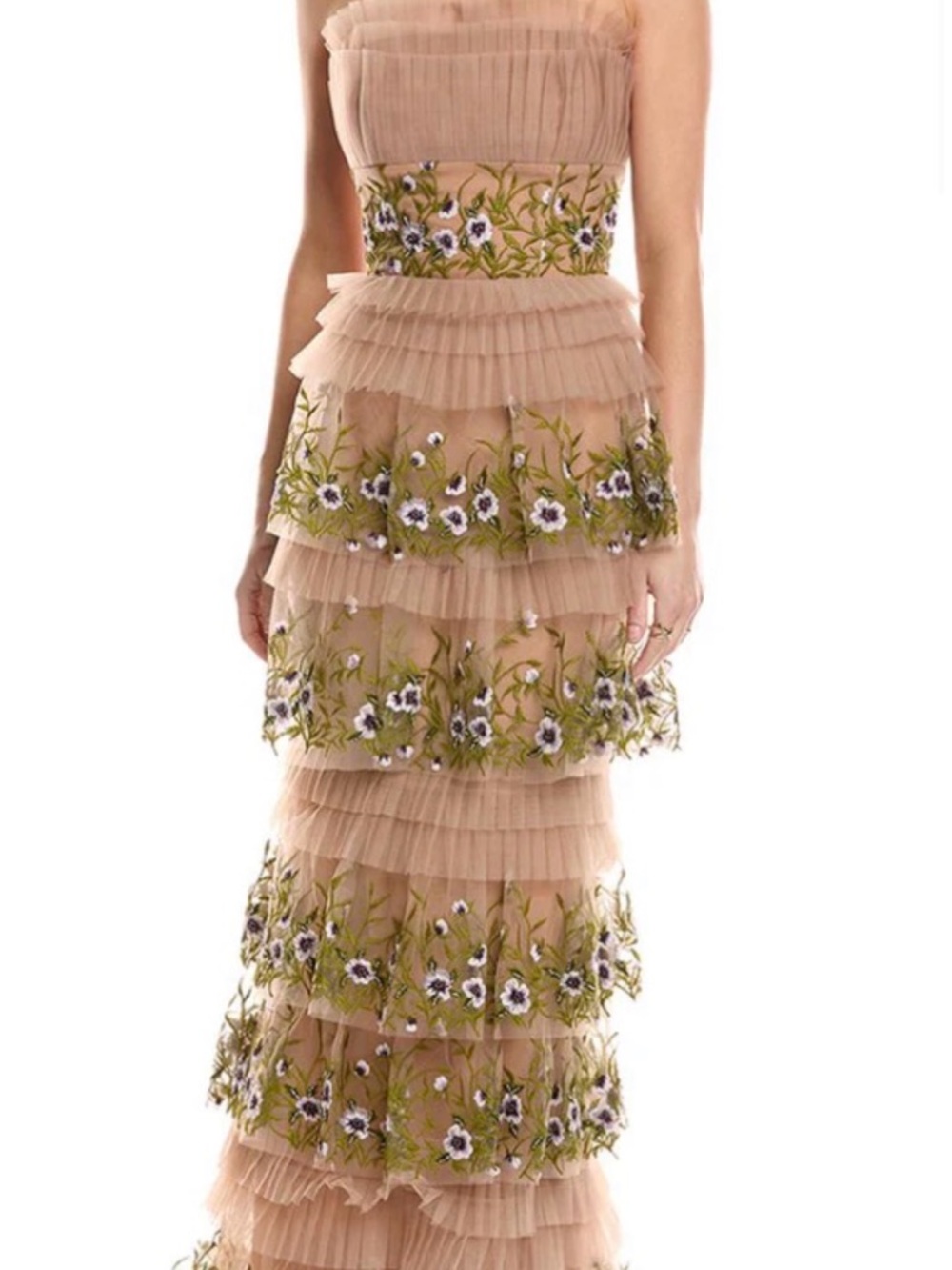 Tiered Nude Tulle Gown with Floral Embroidery - Picture 2 of 8